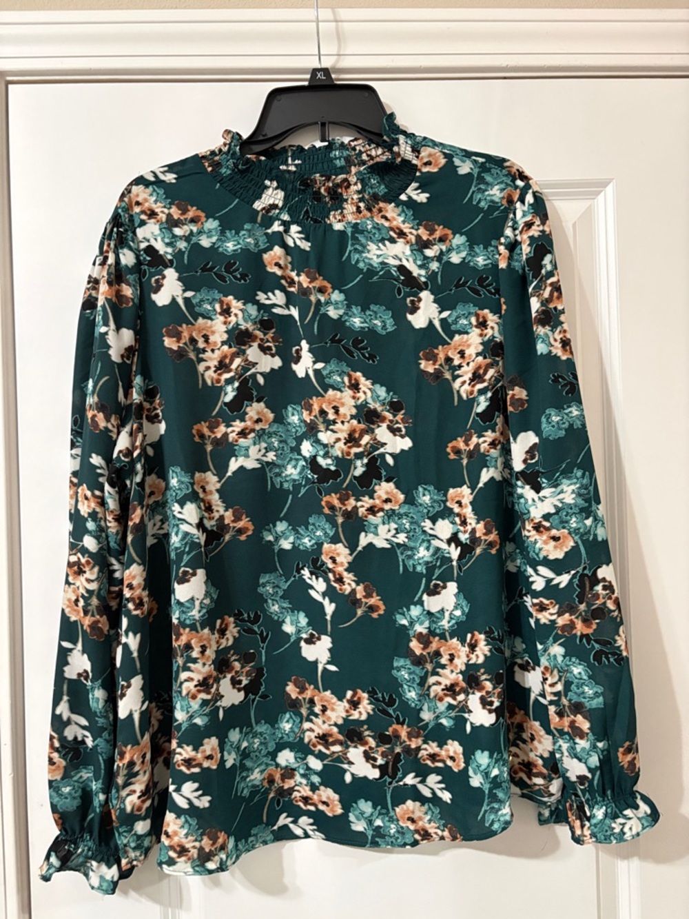 Adrienne Vittadini Teal Floral Smocked Neck Blouse